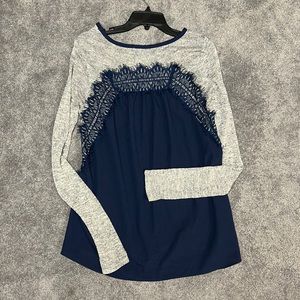 Like New: Navy and Grey Lace Fall Sweater with Sleeves - Size L